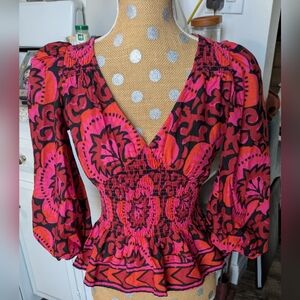 House of Harlow 1960 Pink and Black Smocked Blouse